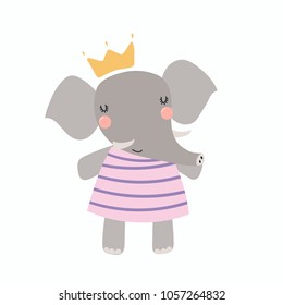 Hand drawn vector illustration of a cute funny elephant girl in a dress and crown. Isolated objects. Scandinavian style flat design. Concept for children print.