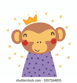 Dibujo a mano vectorial ilustración de un mono gracioso lindo en un pantalones y corona, con estrellas. Objetos aislados. Diseño plano de estilo escandinavo. Concepto de impresión infantil.