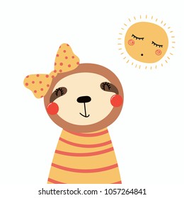 Hand drawn vector illustration of a cute funny sloth girl in a shirt, with a ribbon, with sun. Isolated objects. Scandinavian style flat design. Concept for children print.