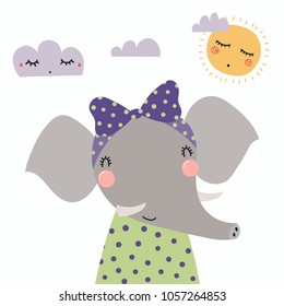 Hand drawn vector illustration of a cute funny elephant girl in a shirt, with a ribbon, with sun and clouds. Isolated objects. Scandinavian style flat design. Concept for children print.