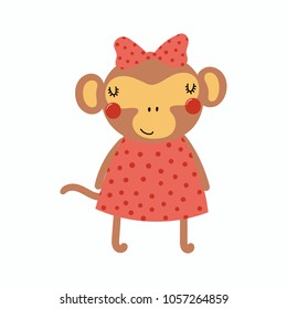 Hand drawn vector illustration of a cute funny monkey girl in a dress, with a ribbon. Isolated objects. Scandinavian style flat design. Concept for children print.