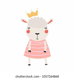 Hand drawn vector illustration of a cute funny sheep girl in a dress and crown. Isolated objects. Scandinavian style flat design. Concept for children print.