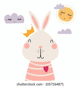 Hand drawn vector illustration of a cute funny bunny in a shirt and crown, with sun and clouds. Isolated objects. Scandinavian style flat design. Concept for children print.
