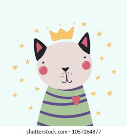 Hand drawn vector illustration of a cute funny cat in a shirt and crown, with stars. Isolated objects. Scandinavian style flat design. Concept for children print.