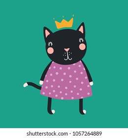 Hand drawn vector illustration of a cute funny cat girl in a dress and crown. Isolated objects. Scandinavian style flat design. Concept for children print.