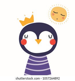 Hand drawn vector illustration of a cute funny penguin in a shirt and crown, with sun. Isolated objects. Scandinavian style flat design. Concept for children print.