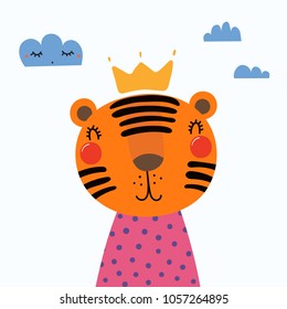 Hand drawn vector illustration of a cute funny tiger in a shirt and crown, with clouds. Isolated objects. Scandinavian style flat design. Concept for children print.
