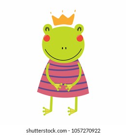 Hand drawn vector illustration of a cute funny frog girl in a dress and crown. Isolated objects. Scandinavian style flat design. Concept for children print.