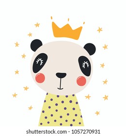 Hand drawn vector illustration of a cute funny panda in a shirt and crown, with stars. Isolated objects. Scandinavian style flat design. Concept for children print.