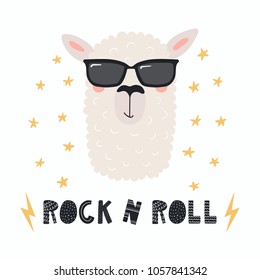 Hand drawn vector illustration of a cute funny llama in a sunglasses, with lettering quote Rock n roll. Isolated objects. Scandinavian style flat design. Concept for children print.