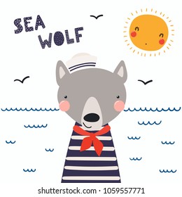 Hand drawn vector illustration of a cute funny wolf sailor in a cap and neckerchief, with lettering quote Sea wolf. Isolated objects. Scandinavian style flat design. Concept for children print.