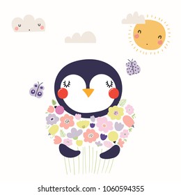 Hand drawn vector illustration of a cute funny penguin holding a bouquet of flowers, with butterflies, sun, clouds. Isolated objects. Scandinavian style flat design. Concept for children print.