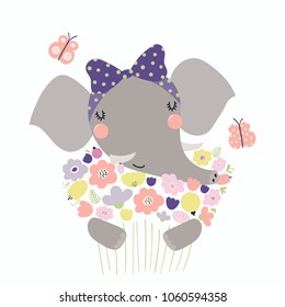 Hand drawn vector illustration of a cute funny elephant holding a bouquet of flowers, with butterflies. Isolated objects. Scandinavian style flat design. Concept for children print.