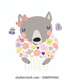 Hand drawn vector illustration of a cute funny wolf holding a bouquet of flowers, with butterflies. Isolated objects. Scandinavian style flat design. Concept for children print.