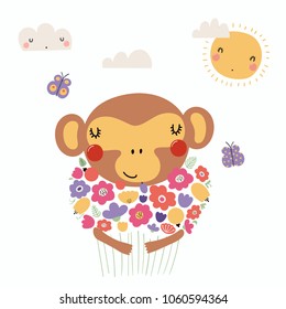 Hand drawn vector illustration of a cute funny monkey holding a bouquet of flowers, with butterflies, sun, clouds. Isolated objects. Scandinavian style flat design. Concept for children print.