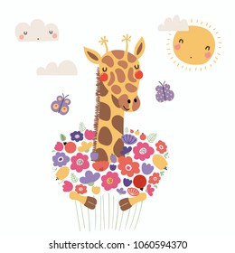 Hand drawn vector illustration of a cute funny giraffe holding a bouquet of flowers, with butterflies, sun, clouds. Isolated objects. Scandinavian style flat design. Concept for children print.