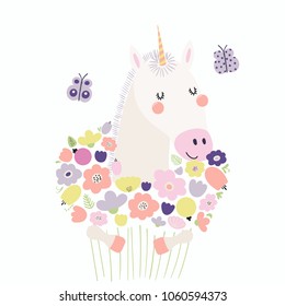 Hand drawn vector illustration of a cute funny unicorn holding a bouquet of flowers, with butterflies. Isolated objects. Scandinavian style flat design. Concept for children print.