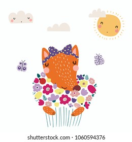 Hand drawn vector illustration of a cute funny fox holding a bouquet of flowers, with butterflies, sun, clouds. Isolated objects. Scandinavian style flat design. Concept for children print.