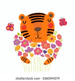 Hand drawn vector illustration of a cute funny tiger holding a bouquet of flowers, with butterflies. Isolated objects. Scandinavian style flat design. Concept for children print.