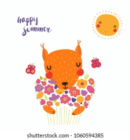 Hand drawn vector illustration of a cute funny squirrel with a bouquet of flowers, butterflies, sun, lettering Happy summer. Isolated objects. Scandinavian style flat design. Concept children print.