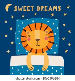 Hand drawn vector illustration of a cute funny sleeping lion, with pillow, blanket, lettering quote Sweet dreams. Isolated objects. Scandinavian style flat design. Concept for children print.