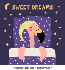 Hand drawn vector illustration of a cute funny sleeping flamingo in a nightcap, with pillow, blanket, quote Sweet dreams. Isolated objects. Scandinavian style flat design. Concept for children print.