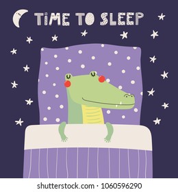 Hand drawn vector illustration of a cute funny sleeping crocodile, with pillow, blanket, lettering quote Time to sleep. Isolated objects. Scandinavian style flat design. Concept for children print.