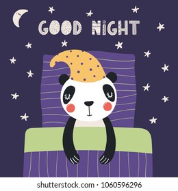 Hand drawn vector illustration of a cute funny sleeping panda in a nightcap, with pillow, blanket, lettering Good night. Isolated objects. Scandinavian style flat design. Concept for children print.