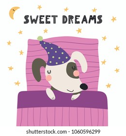 Hand drawn vector illustration of a cute funny sleeping dog in a nightcap, with pillow, blanket, lettering Sweet dreams. Isolated objects. Scandinavian style flat design. Concept for children print.