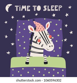 Hand drawn vector illustration of a cute funny sleeping zebra in a nightcap, with pillow, blanket, quote Time to sleep. Isolated objects. Scandinavian style flat design. Concept for children print.