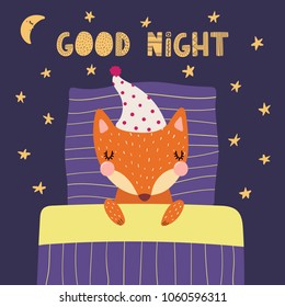 Hand drawn vector illustration of a cute funny sleeping fox in a nightcap, with pillow, blanket, lettering quote Good night. Isolated objects. Scandinavian style flat design. Concept children print.