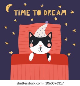 Hand drawn vector illustration of a cute funny sleeping cat in a nightcap, with pillow, blanket, lettering Time to dream. Isolated objects. Scandinavian style flat design. Concept for children print.