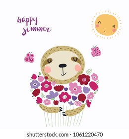 Hand drawn vector illustration of a cute funny sloth with a bouquet of flowers, butterflies, sun, lettering Happy summer. Isolated objects. Scandinavian style flat design. Concept for children print.