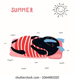 Hand drawn vector illustration of a cute funny monster floating on a mattress on a summer day, with lettering quote. Isolated objects on white background. Concept for children print.