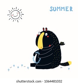 Hand drawn vector illustration of a cute funny monster making a flower necklace on a summer day, with lettering quote. Isolated objects on white background. Concept for children print.