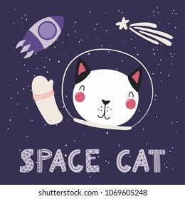 Hand drawn vector illustration of a cute funny cat in space, with comet, rocket, lettering quote Space cat. Isolated objects. Scandinavian style flat design. Concept for children print.