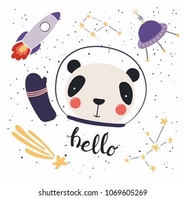 Hand drawn vector illustration of a cute funny panda in space, with rocket, ufo, comet, constellations, lettering quote Hello. Isolated objects. Scandinavian style flat design. Concept children print.