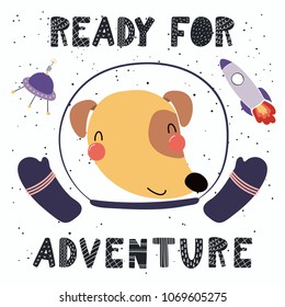 Hand drawn vector illustration of a cute funny dog in space, with rocket, ufo, lettering quote Ready for adventure. Isolated objects. Scandinavian style flat design. Concept for children print.