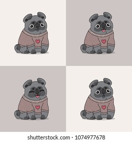 Hand drawn vector illustration of a cute chubby pug with big round eyes wearing a chunky knitted sweater in brown colors. Dog fashion sticker set. A pug puppy dressed in clothes. Fixed line weight.