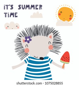 Hand drawn vector illustration of a cute funny hedgehog in a striped shirt, with ice cream, lettering quote Its summer time. Isolated objects. Scandinavian style flat design. Concept for kids print.