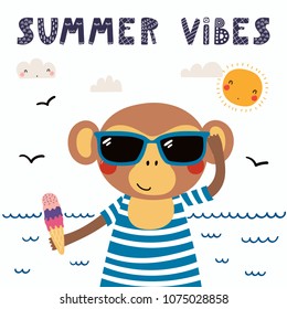 Hand drawn vector illustration of a cute funny monkey in a swimsuit, sunglasses, with ice cream, lettering quote Summer vibes. Isolated objects. Scandinavian style flat design. Concept children print.