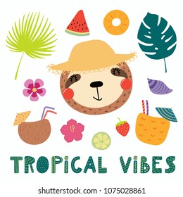 Hand drawn vector illustration of a cute funny sloth in a straw hat, with summer elements, lettering quote Tropical vibes. Isolated objects. Scandinavian style flat design. Concept for children print.