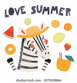 Hand drawn vector illustration of a cute funny zebra in a straw hat, with summer elements, lettering quote Love summer. Isolated objects. Scandinavian style flat design. Concept for children print.