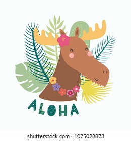 Hand drawn vector illustration of a cute funny moose in flower necklace, with palm leaves, lettering quote Aloha. Isolated objects. Scandinavian style flat design. Concept for children print.