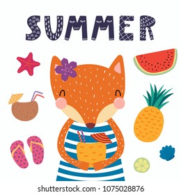 Hand drawn vector illustration of a cute funny fox in a striped dress, with a cocktail, summer elements, lettering quote. Isolated objects. Scandinavian style flat design. Concept for children print.