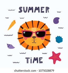 Hand drawn vector illustration of a cute funny lion in sunglasses, with starfish and sea shells, lettering quote Summer time. Isolated objects. Scandinavian style flat design. Concept children print.