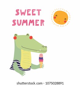 Hand drawn vector illustration of a cute funny crocodile in a vintage swimsuit, with ice cream, lettering quote Sweet summer. Isolated objects. Scandinavian style flat design. Concept children print.