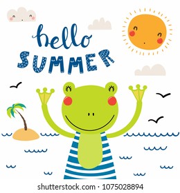 Hand drawn vector illustration of a cute funny frog in a vintage swimsuit, on the beach, with lettering quote Hello summer. Isolated objects. Scandinavian style flat design. Concept for children print