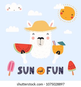 Hand drawn vector illustration of a cute funny llama in a straw hat with watermelon, cocktail, lettering quote Sun and fun. Isolated objects. Scandinavian style flat design. Concept for children print