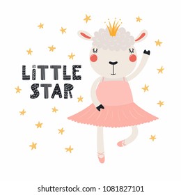 Hand drawn vector illustration of a cute funny sheep ballerina in a tutu, pointe shoes, with lettering quote Little star. Isolated objects. Scandinavian style flat design. Concept for children print.